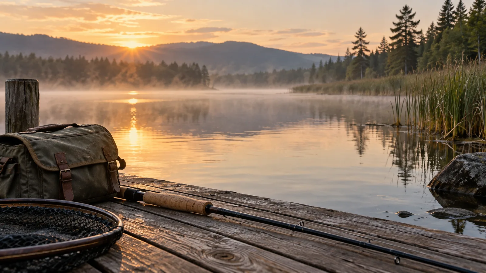 A fishing bag and rod handle on a lakeside dock at dawn.